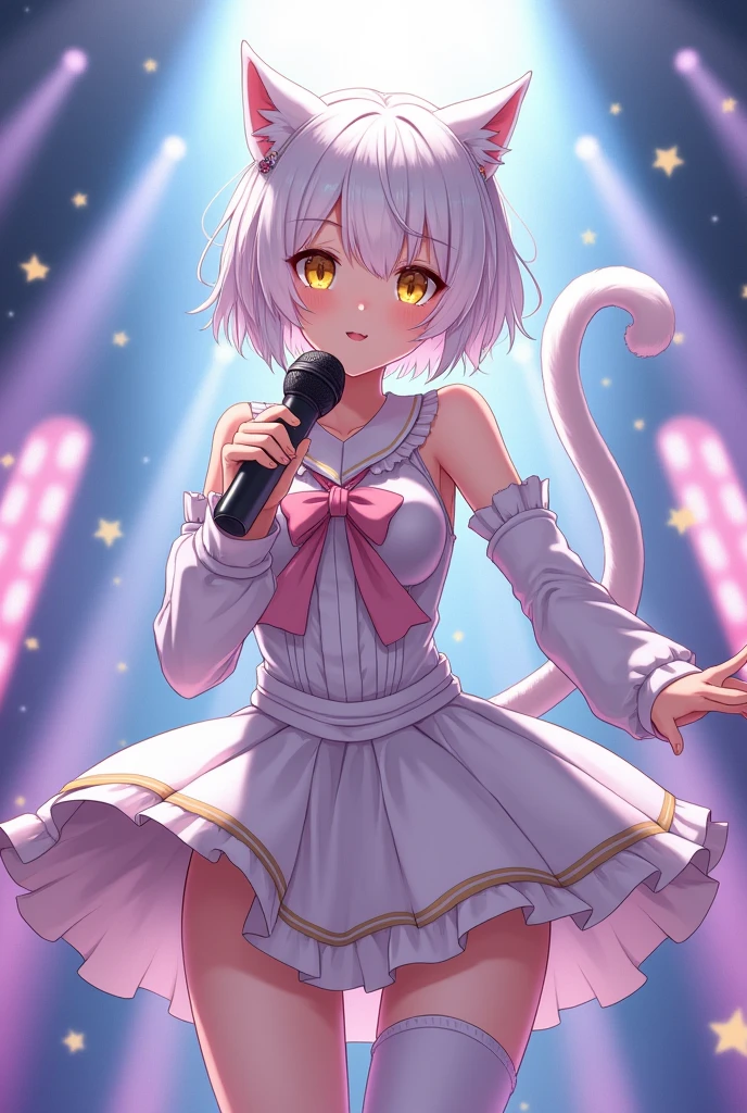 (masterpiece, best quality:1.2), moneko, pink dress, cyan bow, cat tail, 1girl, solo, smile, looking at viewer, idol, singing, stage, lights