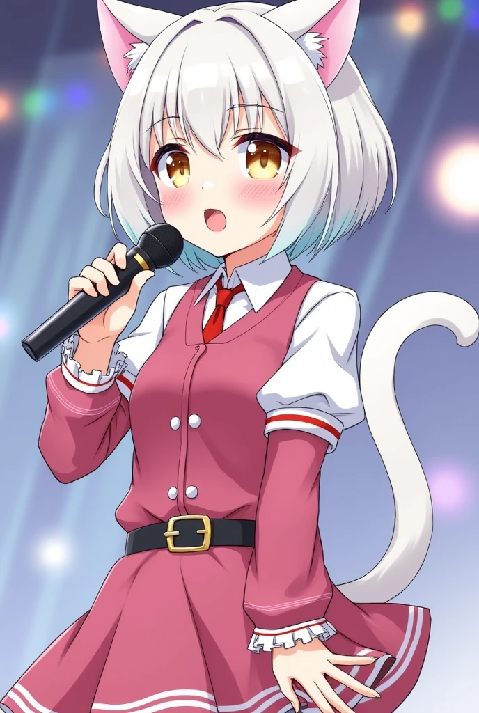magic girl and a famous idol with short white hair and cat ear and tail, yellow eyes, holding a microphone, waring a skirt