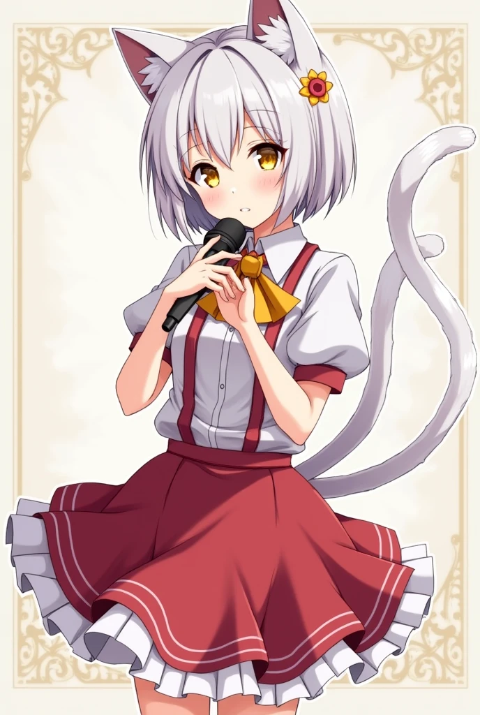 magic girl and a famous idol with short white hair and cat ear and tail, yellow eyes, holding a microphone, waring a skirt
