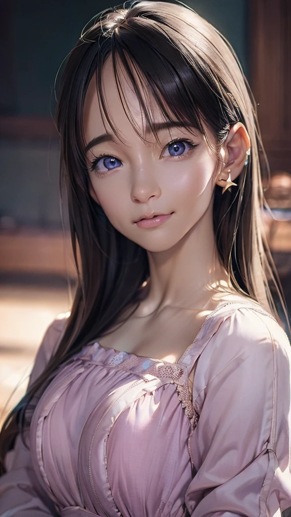 (Highest quality、8k、32K、masterpiece)、(Realistic)、(Photorealistic:1.2)、(High resolution)、Very detailed、masterpiece, Highest quality, 1 person , Long Hair, Purple eyes, Stars in my eyes , (((Small breasts)))、Strapless blouse, Long skirt