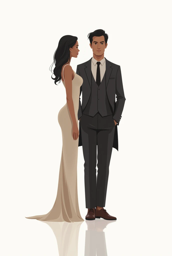 logo creation
beautiful girl with zero figure wearing sexy dress and a men wearing coat standing side by side facing opposite,
creating a shape like a logo