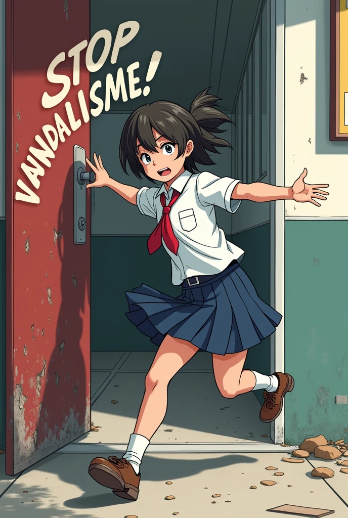 Make a poster with the words "stop vandalisme!" and a picture of boy wearing uniforms kicking door at the school. no blood element.