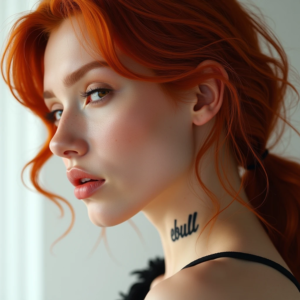 large close-up photorealistic of the sexy woman's face over the entire surface, woman in profile, red-haired, smiling, looking at the camera, the whole face is sharp, it is on a white background, has a tattoo that says "ERO BULL"