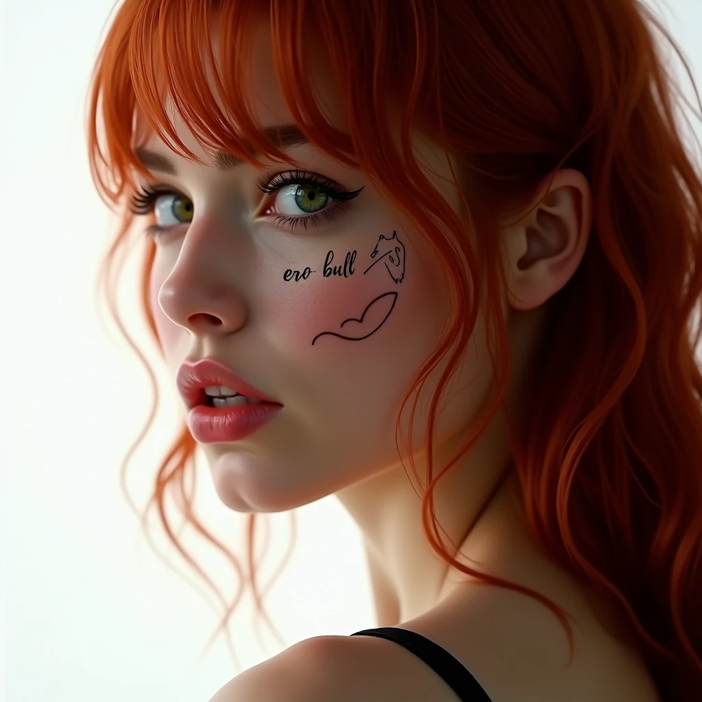 large close-up photorealistic of the sexy woman's face over the entire surface, woman in profile, red-haired, smiling, looking at the camera, the whole face is sharp, it is on a white background, has a tattoo that says "ERO BULL"