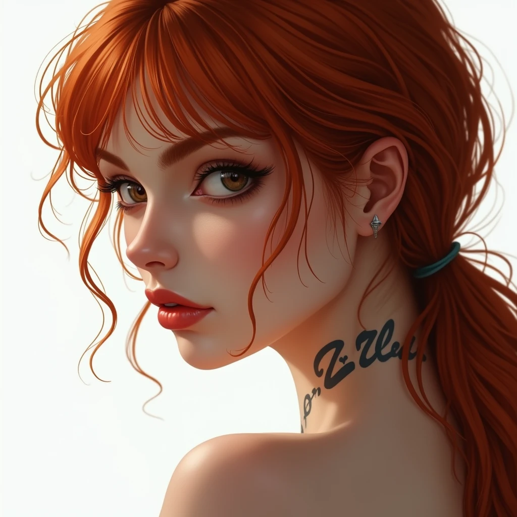 large close-up photorealistic of the sexy woman's face over the entire surface, woman in profile, red-haired, smiling, looking at the camera, the whole face is sharp, it is on a white background, has a tattoo that says "ERO BULL"