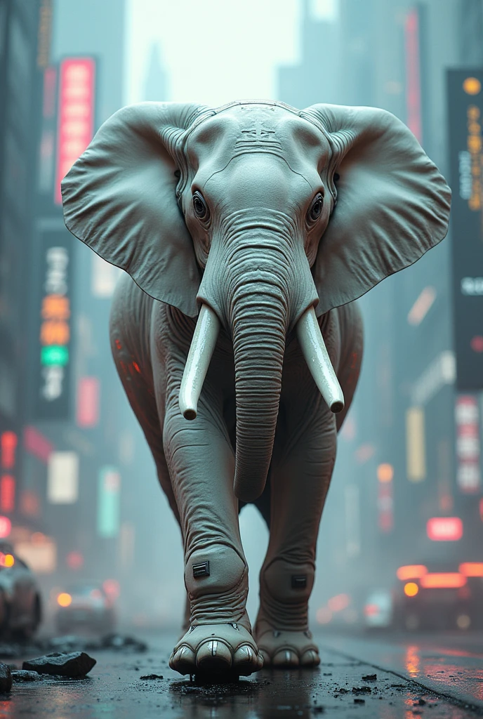 An elephant with white cyberpunk
suit