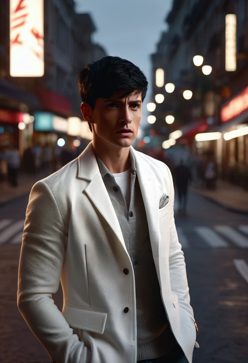 a handsome boy,worried expression,short black hair,wearing a white sports coat,standing on the street,chiaroscuro lighting,hyper realistic,4k,ultra-detailed,highly detailed,photorealistic,cinematic,dramatic lighting