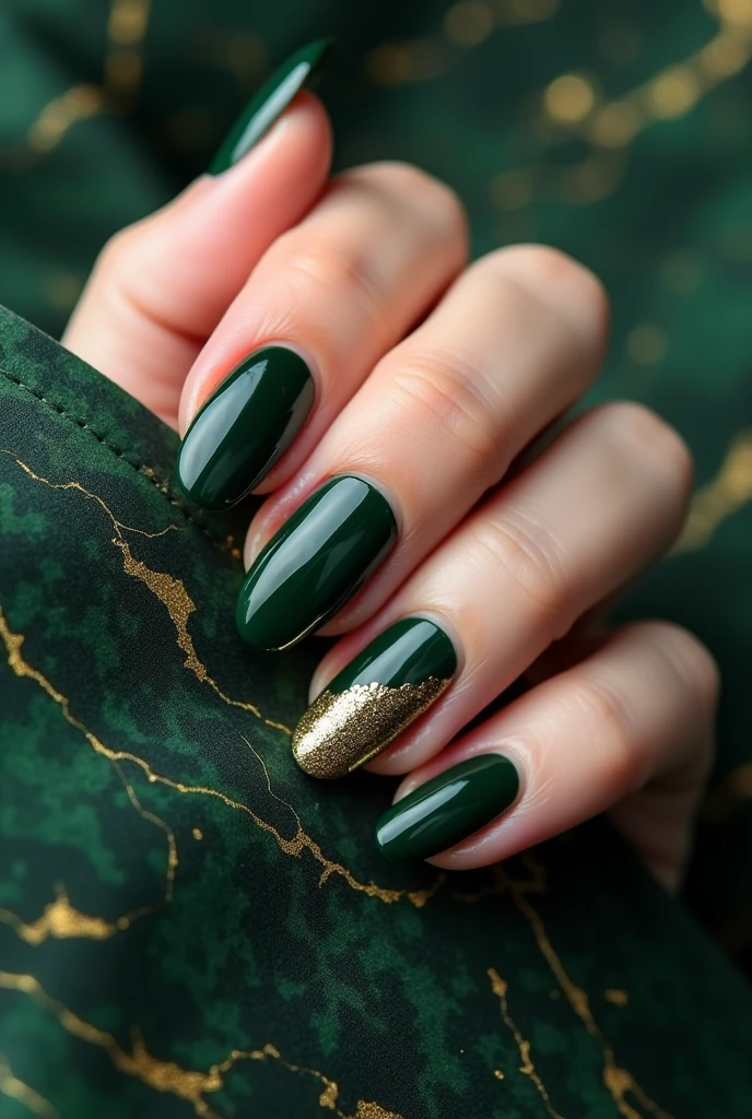 Make me nails inspired by dark green marble and gold