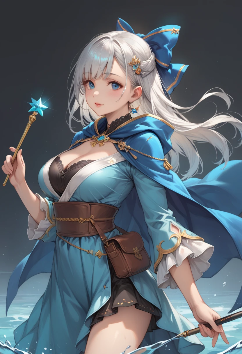 (score_8, score_8_up,masterpiece,highest quality,Perfect Anatomy,Exquisite detailed,hyper realistic:1.3 )(realistic:1.2)1 girl(tareme:0.8)busty,silver hair,long hair,straight hair,bangs,hair ornament, hair bow,blue eyes,aqua robe,blue Cape,wand(water magic:1.2)nature