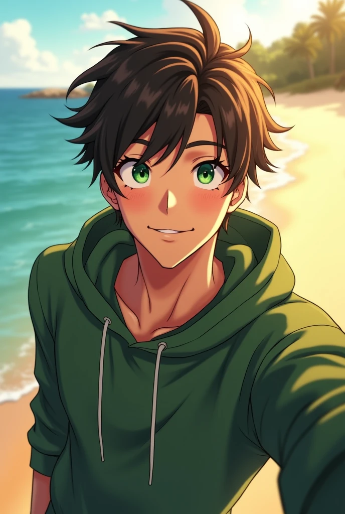 (Anime) 20 year old man, dark brown messy hair, green eyes, green hoodie, black jeans, taking a selfie at the beach
