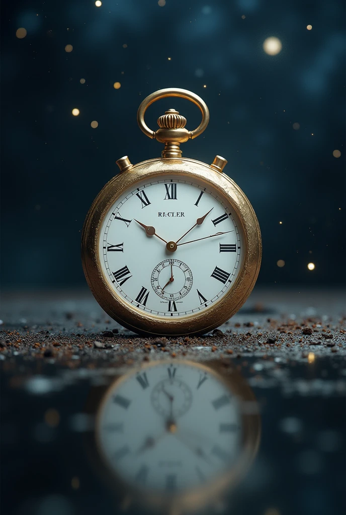 Space studded with sparkling stars、A golden pocket watch is reflected large in the center、There is a long hand, a short hand, and a second hand、Stars are々Size、A little dark space、The dial of the pocket watch is white、A fantastic atmosphere