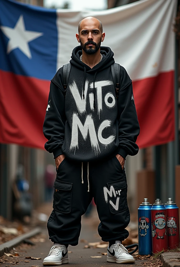 White bald rapper with black beard and mustache wearing black sweatshirt with graffiti that says Vito Mc, black baggy pants that say Mr V and white blue and red Nike sneakers, additionally white blue and red Chilean flag hanging somewhere plus backpack with cans of cartoon paint