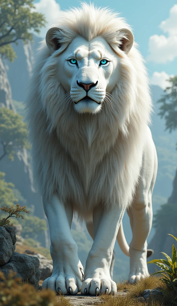 Generate an ultra realistic 8k image of a white lion with blue eyes strong beautiful and big in a beautiful place