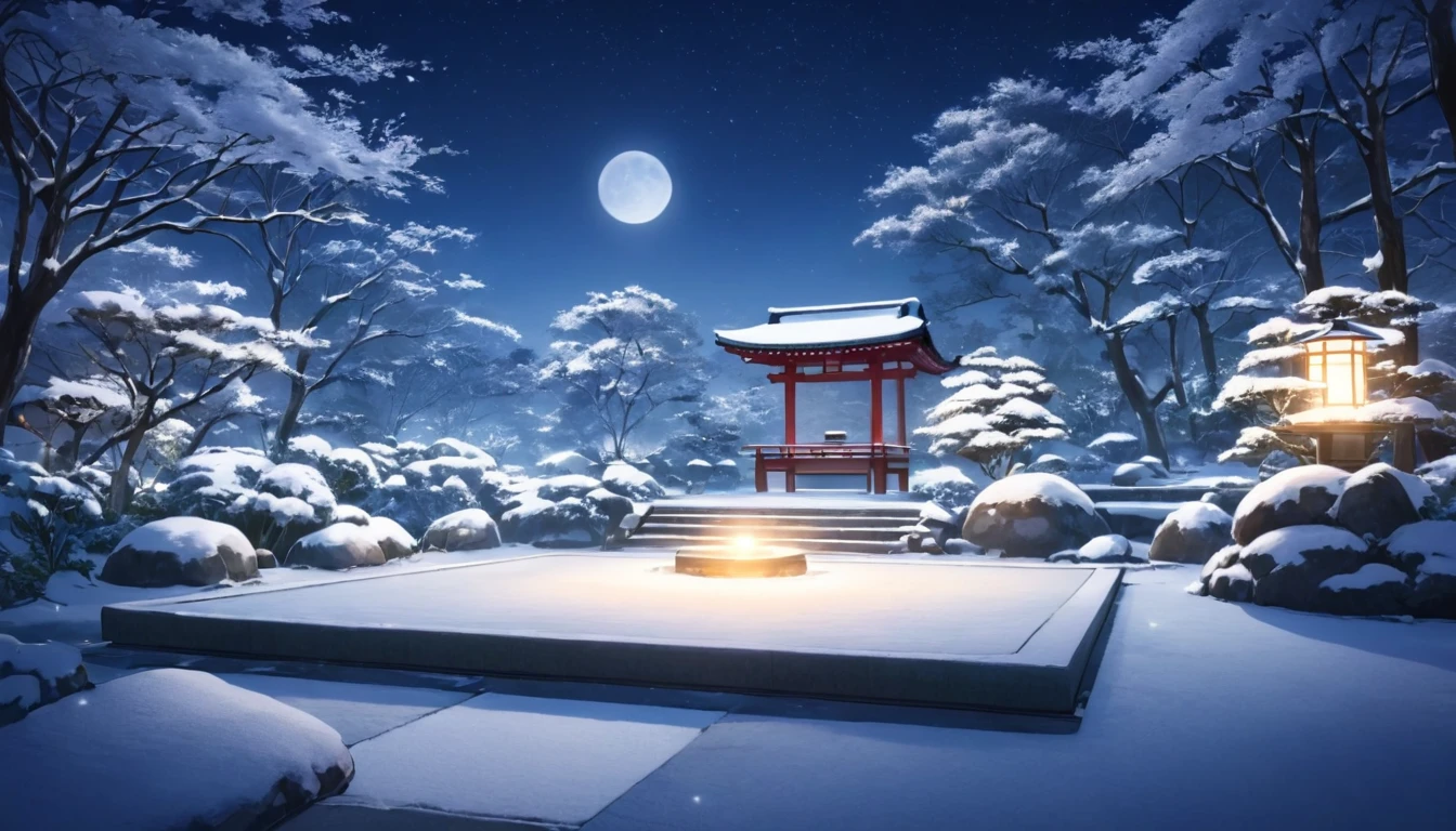 猫に囲まれてmeditationする東洋人. The setting is a Japanese winter garden, Under the moonlight. Beautiful landscape with a winter garden.   Night Sky. Cinema Lighting. meditationしている人. meditation 