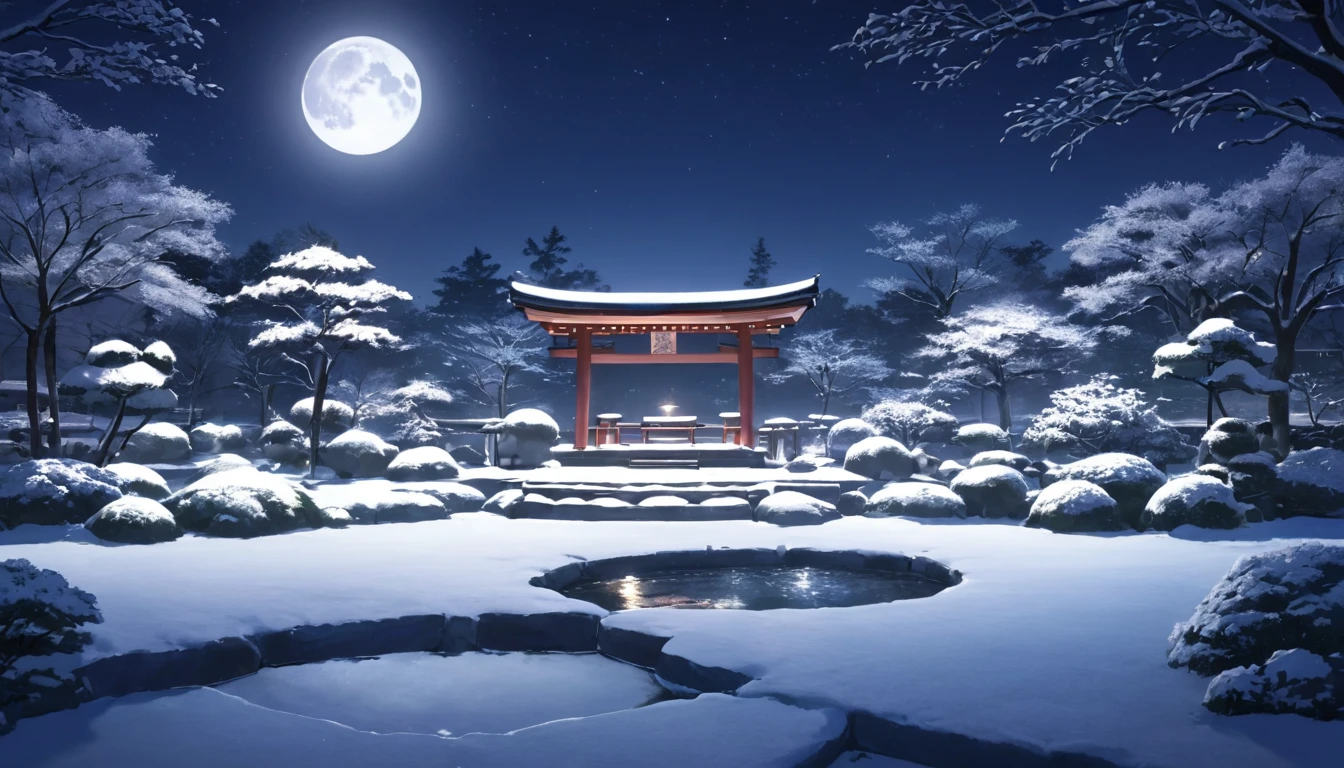 猫に囲まれてmeditationする東洋人. The setting is a Japanese winter garden, Under the moonlight. Beautiful landscape with a winter garden.   Night Sky. Cinema Lighting. meditationしている人. meditation 