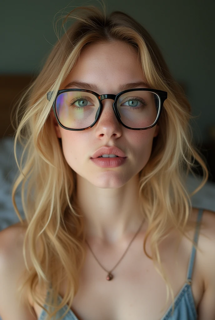 can you generate me an image of a age girl with blond hair with excess sebum, big square glasses rounded on the side and wipes on the glasses, a unibrow, a big nose, a beauty spot on the right lip and with lots of stinky boogers, naked , big tits, e, topless ,bedroom laying in bed, fucked silly Look, moaning