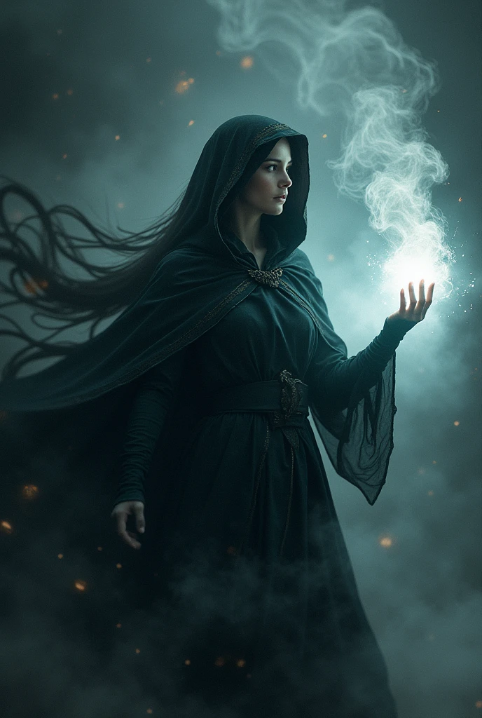 A Woman with light in her hand and surrounded with dark energy and she has a dark clothes with cloak and dress