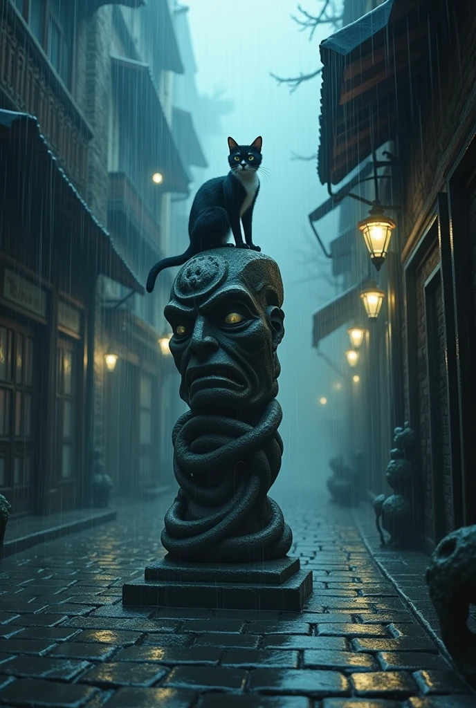 As the rain pours down, the alleyway is transformed into a shimmering, otherworldly place. In the center stands a stone idol, its features twisted and contorted. A cat perches on its head, watching the scene with unblinking eyes.
The rain beats down on the cobblestone streets, creating a symphony of sound in the quiet alley. In the shadows, a stone idol stands tall, its ancient power emanating from every