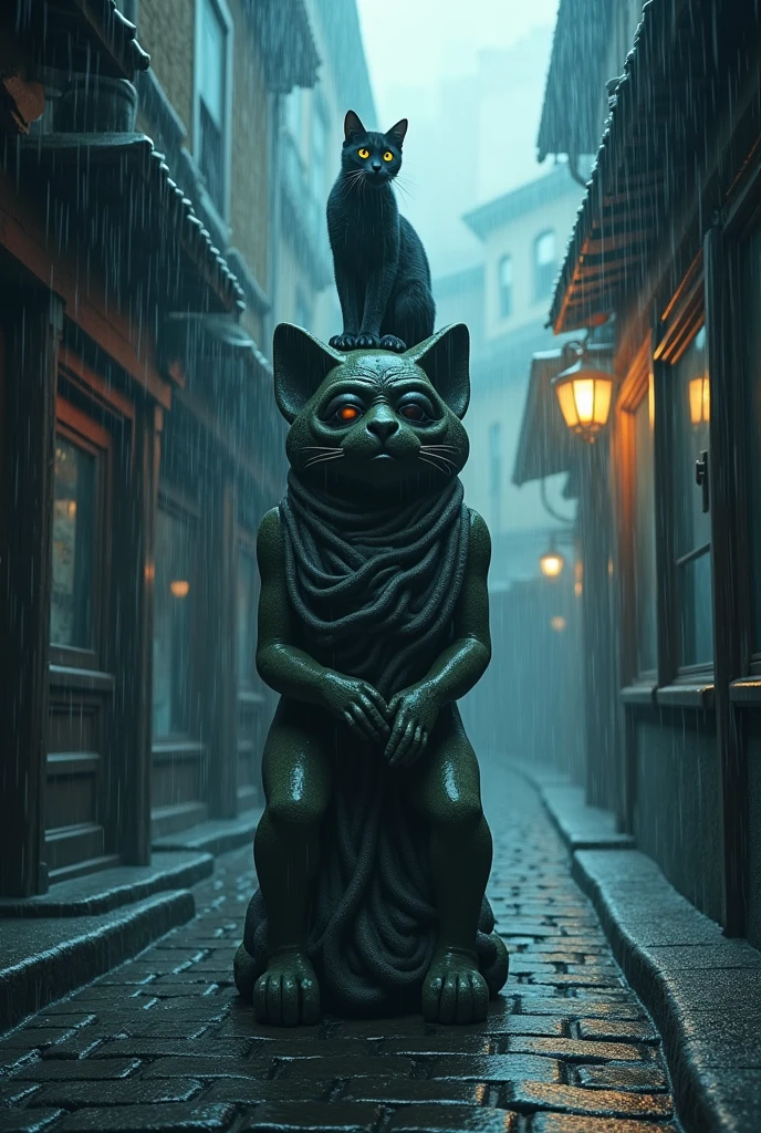 As the rain pours down, the alleyway is transformed into a shimmering, otherworldly place. In the center stands a stone idol, its features twisted and contorted. A cat perches on its head, watching the scene with unblinking eyes.
The rain beats down on the cobblestone streets, creating a symphony of sound in the quiet alley. In the shadows, a stone idol stands tall, its ancient power emanating from every