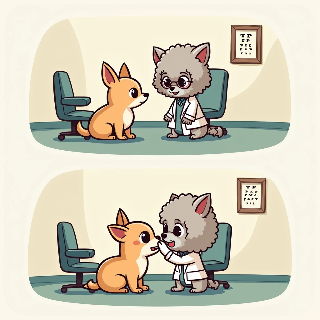Chibi Style, 2-panel cartoon, dot halftone, Flat Color, Chihuahua patient listening to toy poodle ophthalmologist, In the examination room,Sitting in a chair,Eye test results