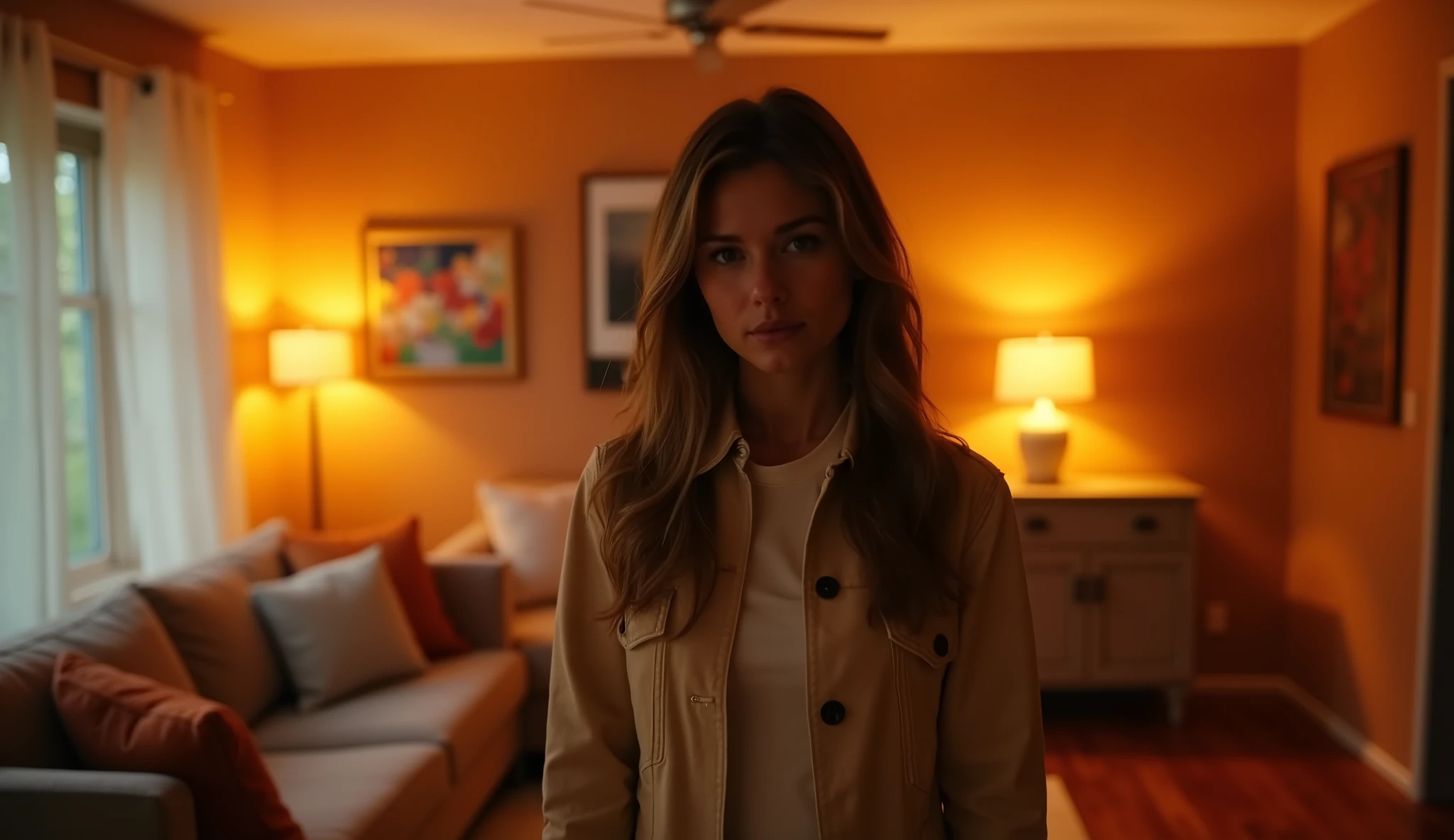 A highly realistic, high-contrast, 8K HD, detailed, hyper-detailed image of a single young woman standing in an American-style room, illuminated by warm, orange lighting. The room is cozy with modern furniture, and the atmosphere is relaxed as she looks slightly downward at the camera, maintaining eye contact for a lip-sync video. The camera is positioned at a low angle, emphasizing the perspective. Her face is clearly visible with a neutral expression, and her hairstyle is distinct, making it easy to replicate in future scenes. The scene captures the intimate and focused setting of the woman standing confidently in the comfortable, inviting environment.