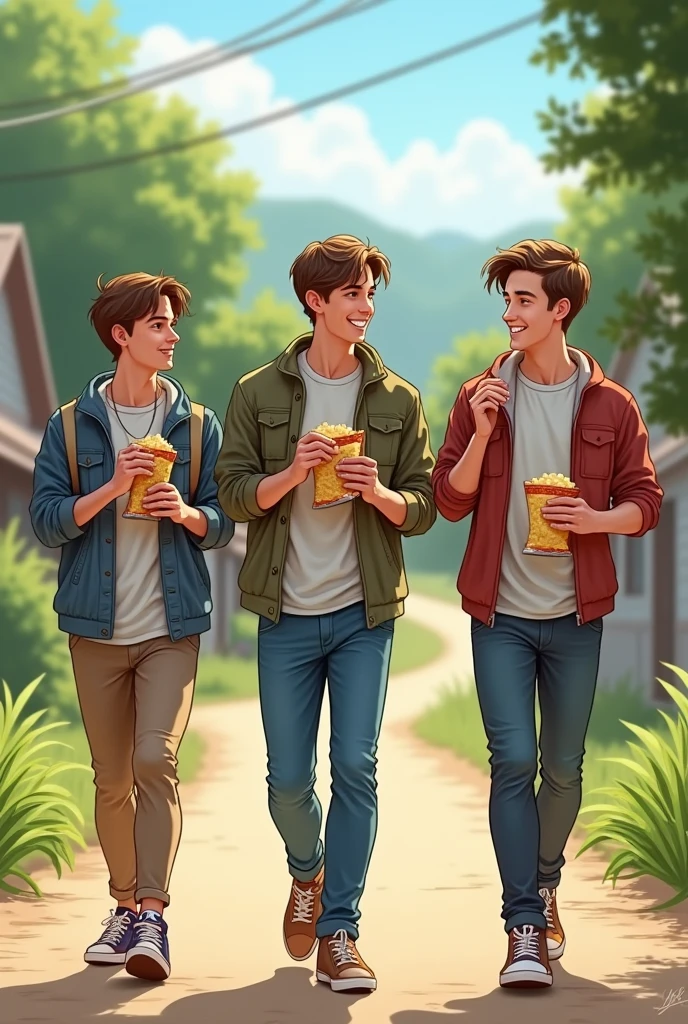 Three friends walking on road having some chips while eating all are boys