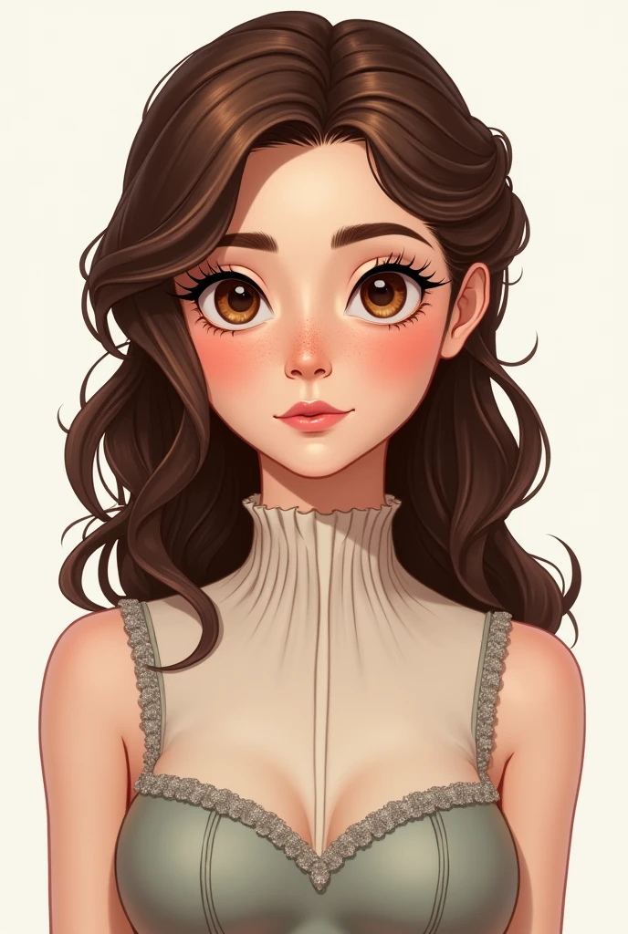 princesselise, stark, brava, feminine, femininity, white, medium brown hair, long hair, Wavy hair, medium brown eyes, nose hand is thin, White, few freckles on the nose, not very thin, round face, drawning, animation, Round face, dress closed to the neck, high collar dress