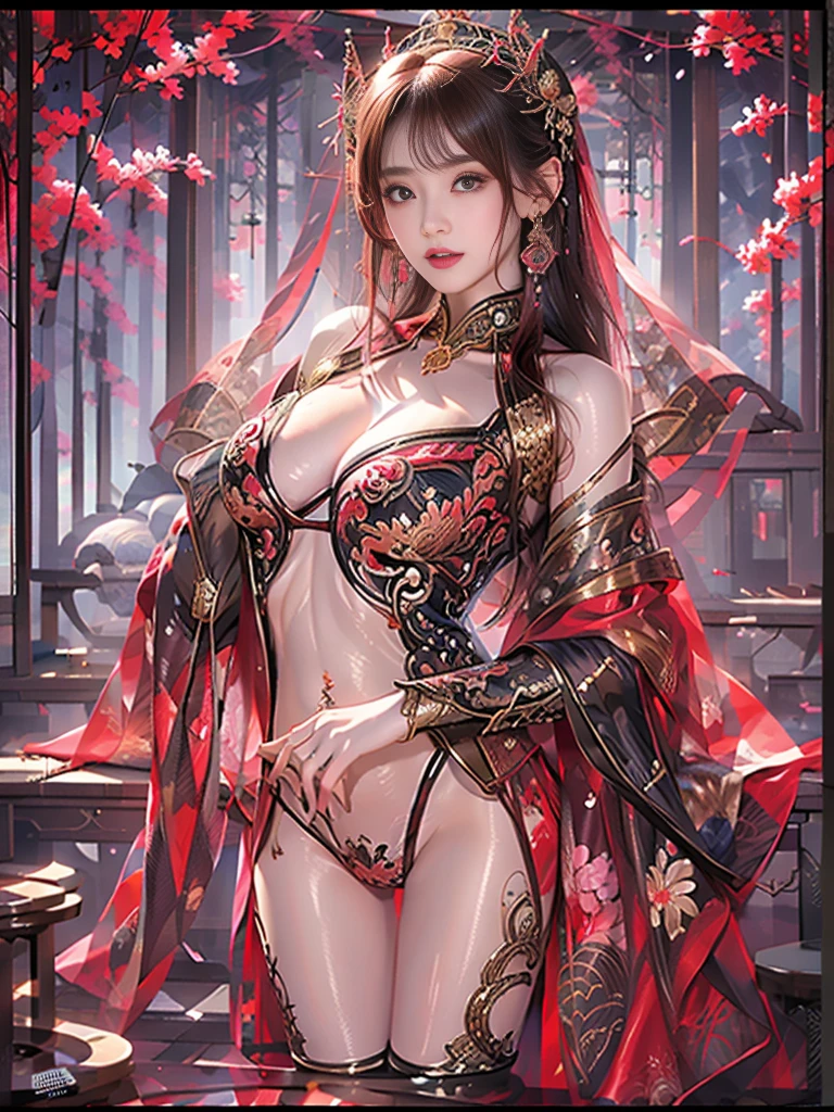 ((night, bamboo forest, Fall, hot spring)), ((8K Ultra HD, 8K, Ultra-high resolution, best quality, masterpiece, Surrealism, Digital SLR Camera, Soft Light, Bokeh, Masterpieces)), ((Creating the image of a real girl), warm light, Realistic shadows, Dynamic poses, Elegant Posture, Cowboy lens, Full body front view, Be confident, Facing the camera, Standing posture, Open your legs slightly, Golden Ratio Graphics, Minimalism), (Happy smile, Big watery eyes, Cherry Blossom, Balanced Eyes, Perfect beautiful face, Normal facial features, Realistic skin, Attention to skin details, Skin is clean and radiant, Whitening, Anatomically correct body, 沙漏型figure, figure, cosmetic, Gloves, earrings, bracelet, necklace, Jewelry, veil, Hair accessories, Headdress, shawl), ((beautiful hair), Reddish-brown hair, Wavy curly hairstyle, Waist-length hair, Messy Hairstyle, Gradient hairstyles, Cyberpunk hairstyle), ((透明的clothing:1.5), (clothing颜色: Red and white), (clothing: 科幻clothing)), (Sexy的, Perfect breast shape, Teardrop chest shape, Snow-white breasts, very detailed breasts, 36C cups), (Super high waist, Deep V, Low-cut, Sexy, Flattering, Open crotch, (Camel toe, High fork strangulation)), (sock, Knee socks, 吊garter, Leg ring, garter, 腿部garter), (style:Sexy,Mature), Fashion icon with glossy transparent lipstick, Wearing a transparent latex dress