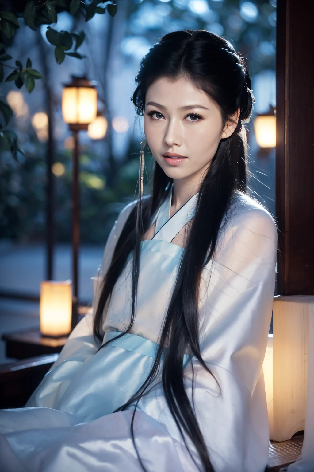 1 Fashion Model [[[[close up]]]], [[[[neck]]]], [[[[Shoulder]]]], (((Complete head)))，(((Complete hairstyle)))，Perfect eyes, Perfect Iris，Perfect lips，Perfect Teeth，Perfect skin，White skin，Soft headlights，High-density imaging，Black long hair，（Clean and delicate face），((Simple white Hanfu))，((Half-length photo))，((night))，((Chinese Lanterns))，((Various dynamic poses))，((The background is the bedroom))，best quality，masterpiece，（Soft colors：1.2）