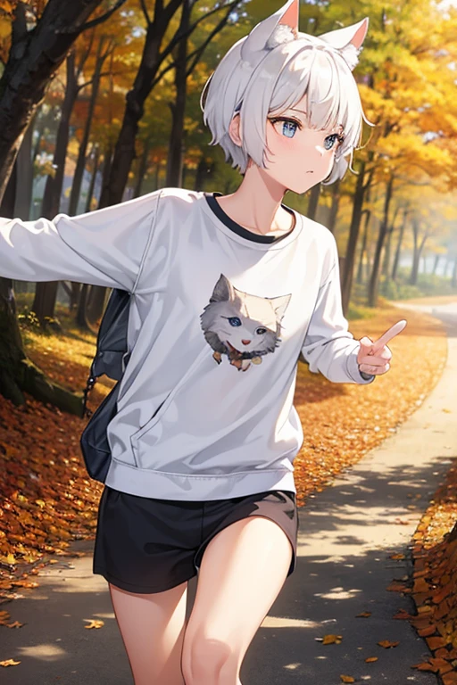 A small white short-haired cat with wolf ears is running through an autumn forest wearing a T-shirt and sweatshirt.
