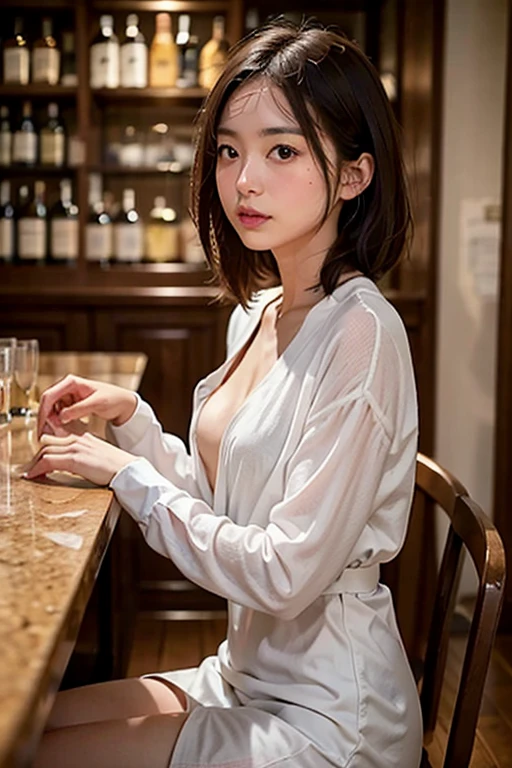 ((extreme close up)), side view, watching camera, A sophisticated bar setting exudes an atmospheric glow, featuring stylish dim lighting and a cozy ambiance. In sharp focus, a thin Japanese actress in her 20s, with tied medium, loosely curled brown hair, sits on a bar stool. Dressed in a formal tight silky long dress, drinking a short cocktail. inviting me to drink together, The scene captures an elegant, intimate mood, enriched by warm lighting and rich textures, creating a masterpiece of visual allure., from side, UHD, masterpiece, anatomically correct, textured skin, super detail, nipple slip