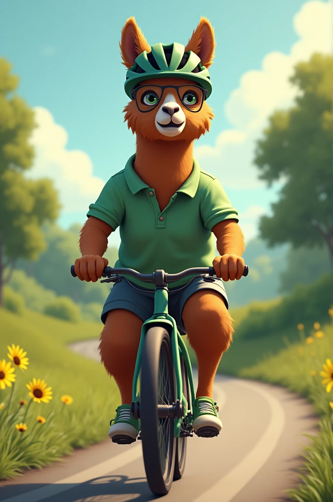 a brown alpaca cyclist with a dark green helmet and a light green polo shirt with yellow