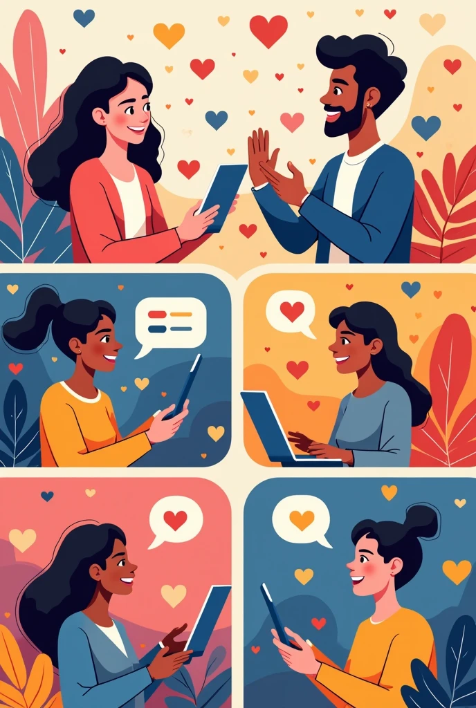 A vibrant and inviting graphic showing diverse people engaging with each other through video calls and chat bubbles. The background can include elements representing community and connection, such as icons of people, hearts, or speech bubbles.