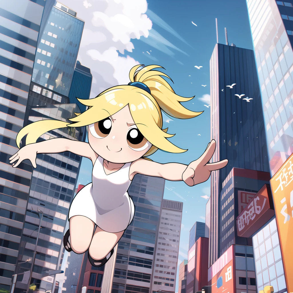 blonde、ponytail、smile, whole body,One person, Brown eyes, White and blue dress、fly in the sky、city