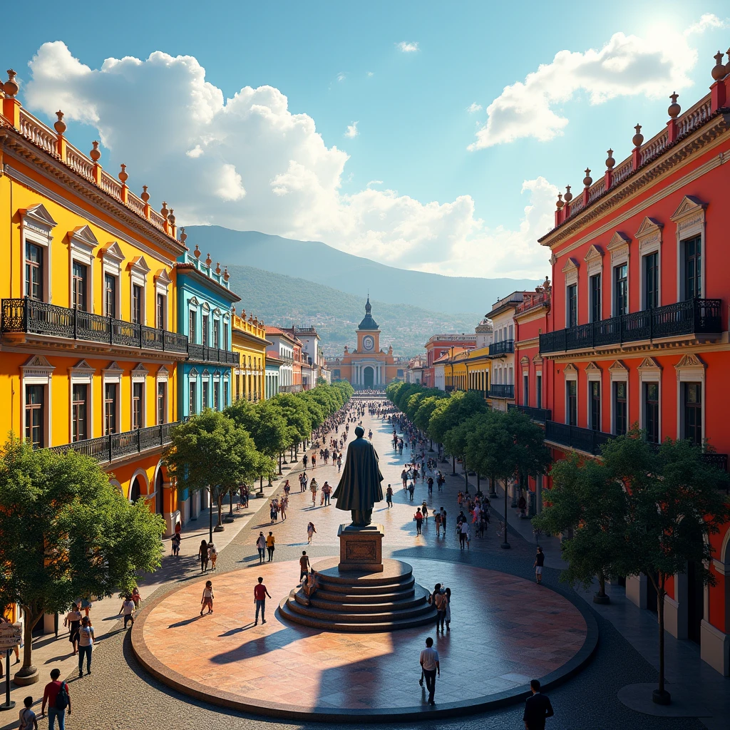 photorealistic image of a plaza bolivar de caracas, vibrant urban scene with colorful buildings