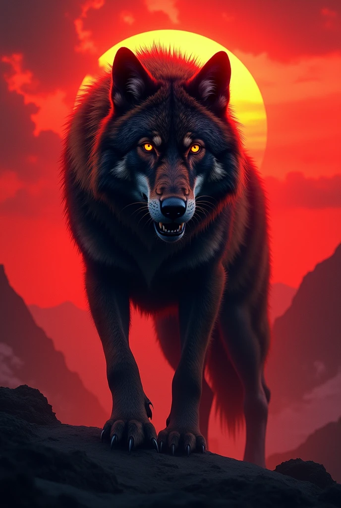 Dark wolf in red dark sunset