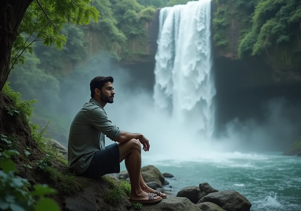 Masterpiece, Best Quality, (Perfect Face:1.1) , (High Detail:1.1), a photograph of A man sitting next to a waterfall,