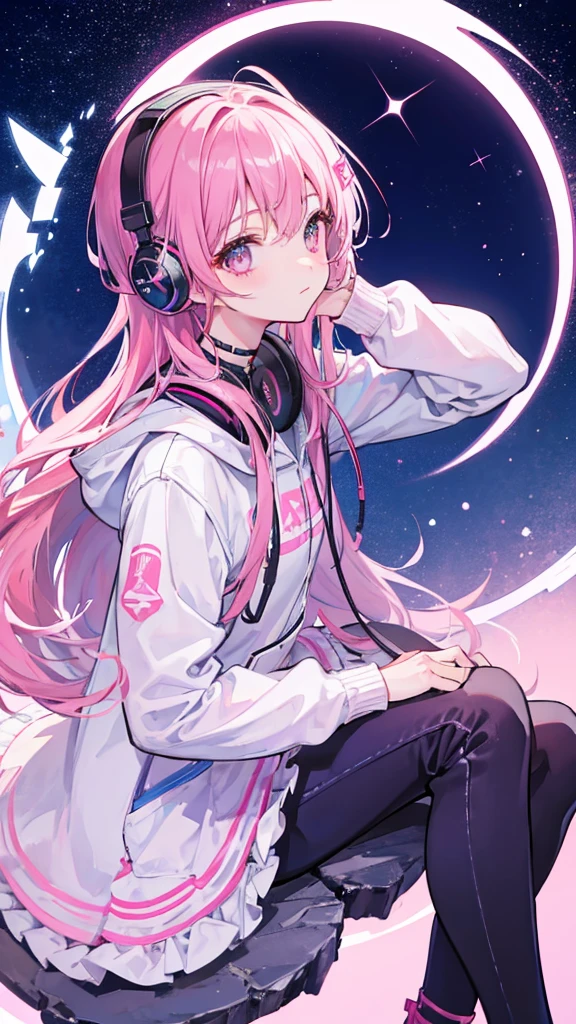 Girl、Headphones、Pink Hair、Starry Sky、moon、Sitting、Looking up at the sky