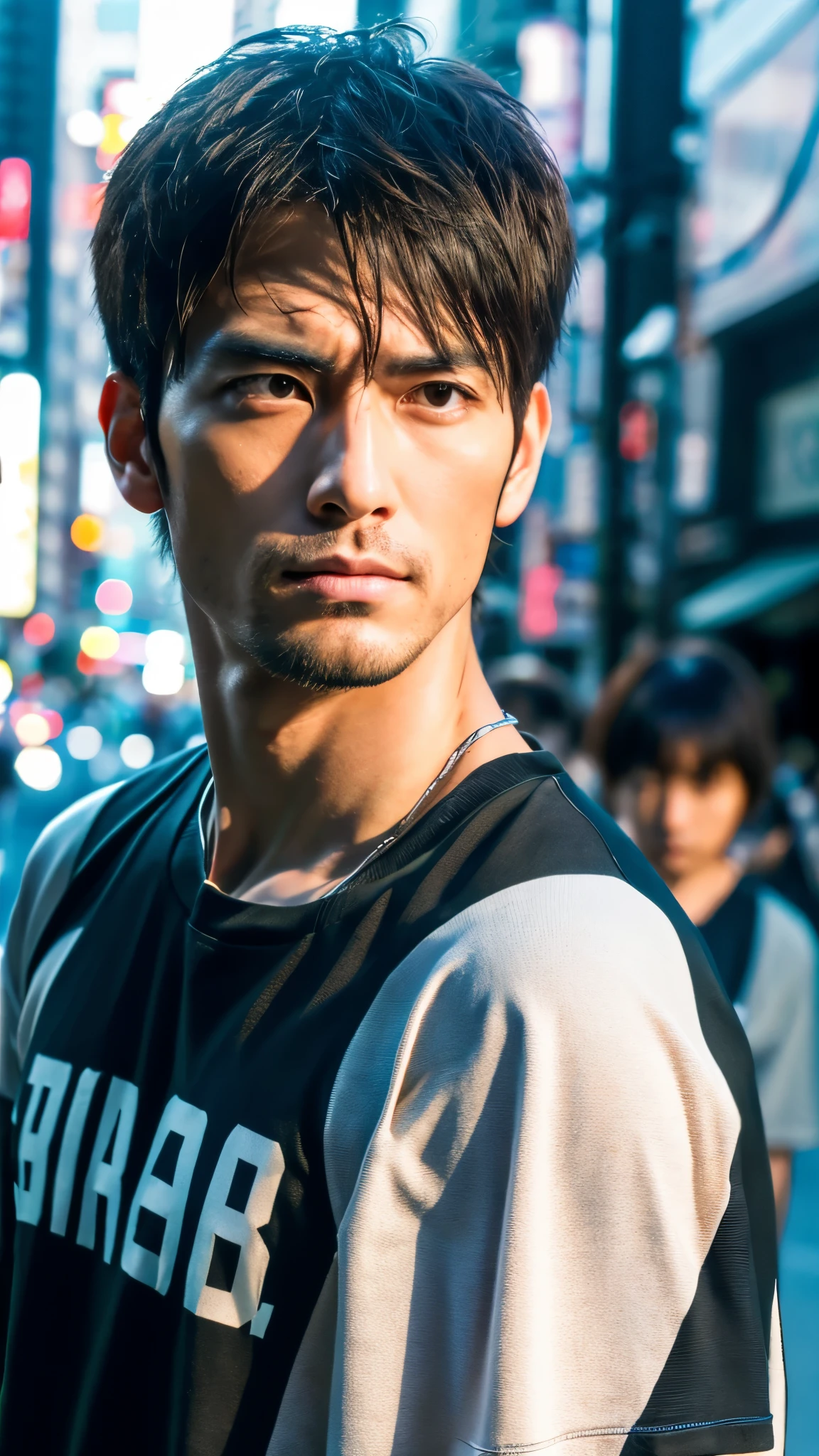 Photorealistic, 8K full-body poster, Handsome man, Japanese, 1 male, Serious expression, Sharp Eyes, Attractive look, Detailed facial details, Tokyo, summer, T-Shirts, Shibuya in the background