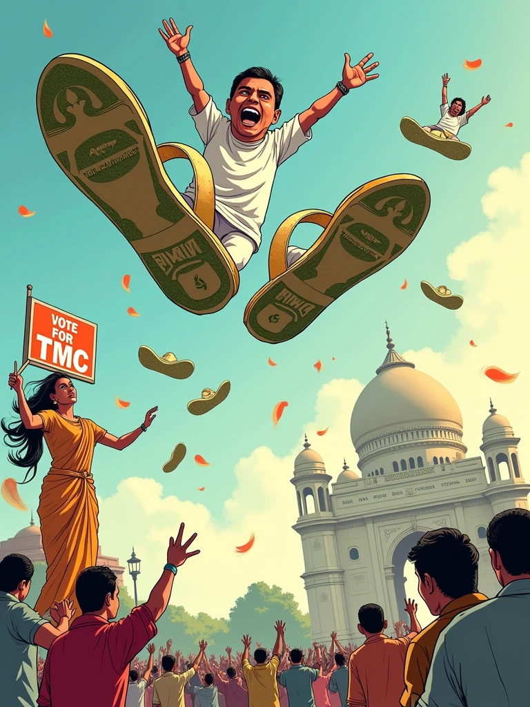 Create a comical image of TMC politicians flying over Kolkata on giant chappals (sandals) made of currency notes. Below them, the citizens are throwing back their own chappals, trying to bring them down. The backdrop features Kolkata’s skyline, complete with the Victoria Memorial and a Durga idol holding a "Vote for TMC" placard instead of traditional weapons.