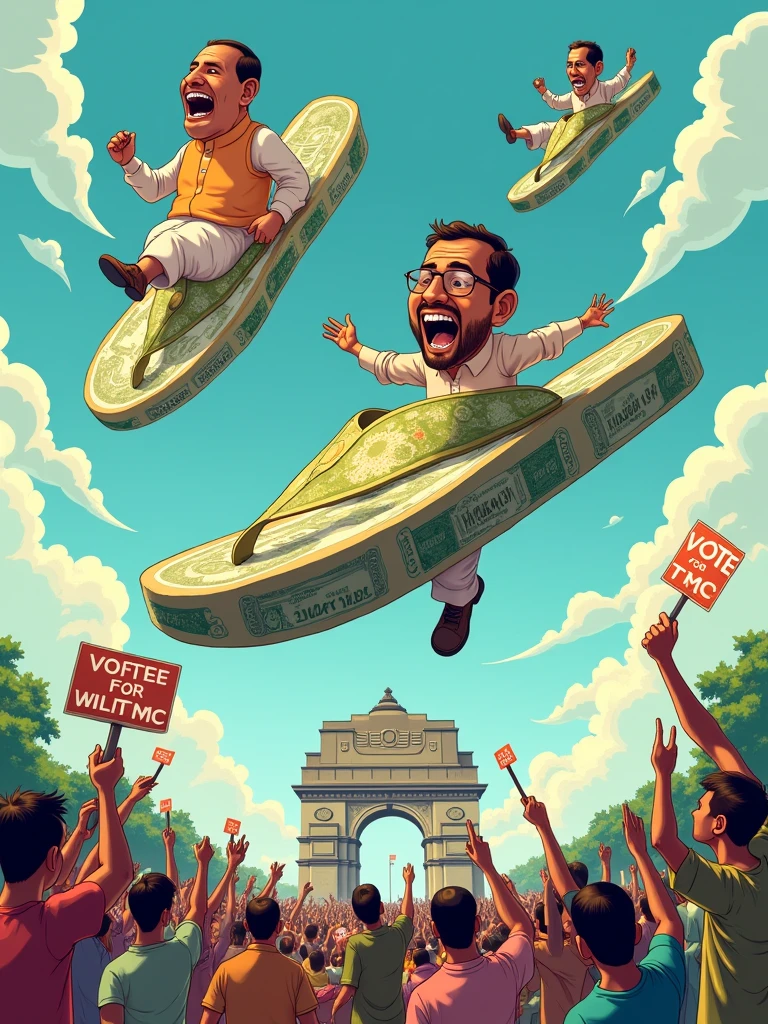 Create a comical image of TMC politicians flying over Kolkata on giant chappals (sandals) made of currency notes. Below them, the citizens are throwing back their own chappals, trying to bring them down. The backdrop features Kolkata’s skyline, complete with the Victoria Memorial and a Durga idol holding a "Vote for TMC" placard instead of traditional weapons.
