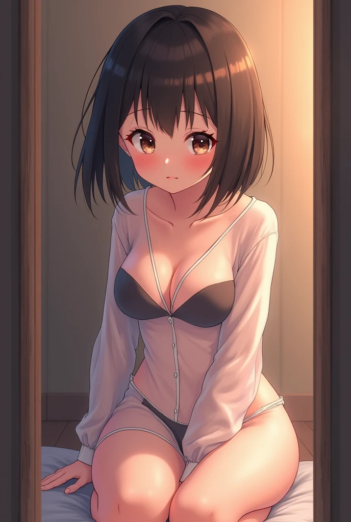 an anime, shy, and small, She doesn't have big breasts but she's kind of small, has short hair, a rather large thigh, a transparent blouse, blushing with shame, and she's in the room for me