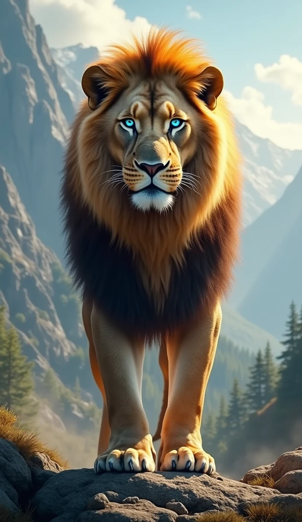 Generate an ultra realistic 8k image of a lion with blue eyes, strong and beautiful, big and beautiful place