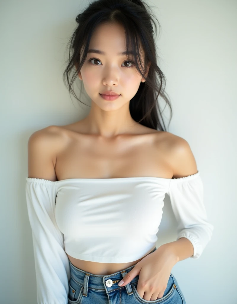 The shot captures her from the chest up against a bright, airy backdrop. She wears an off-the-shoulder white top that reveals her shoulders and a hint of her collarbone, paired with high-waisted denim shorts that are not visible in this close-up. Her black hair is styled in a relaxed ponytail. She casually adjusts the hem of her top with one hand while her other hand rests on her hip. Her relaxed, confident expression and the soft lighting highlight the casual, youthful vibe of her outfit.