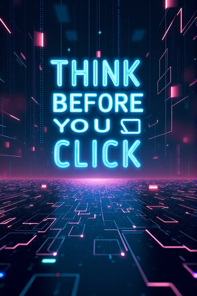 give me a poster slogan "THINK BEFORE YOU CLICK" with a cool media background 