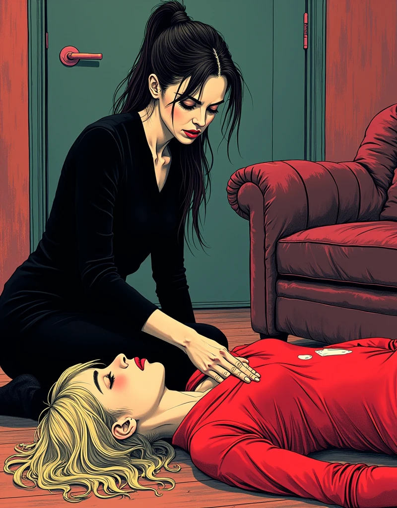 Norwegian mother letting yogurt drip in on to her age daughter's stomach, living room floor, vivd lurid colors, mother is wearing black, daughter is wearing red, very blond hair, style of Euro Fumetti comic books, Milo Manara, Jean Giraud, David Lynch, creepy, strange, bizarre, thick pen and ink lines,  HD, 8x, intricate, retro, 