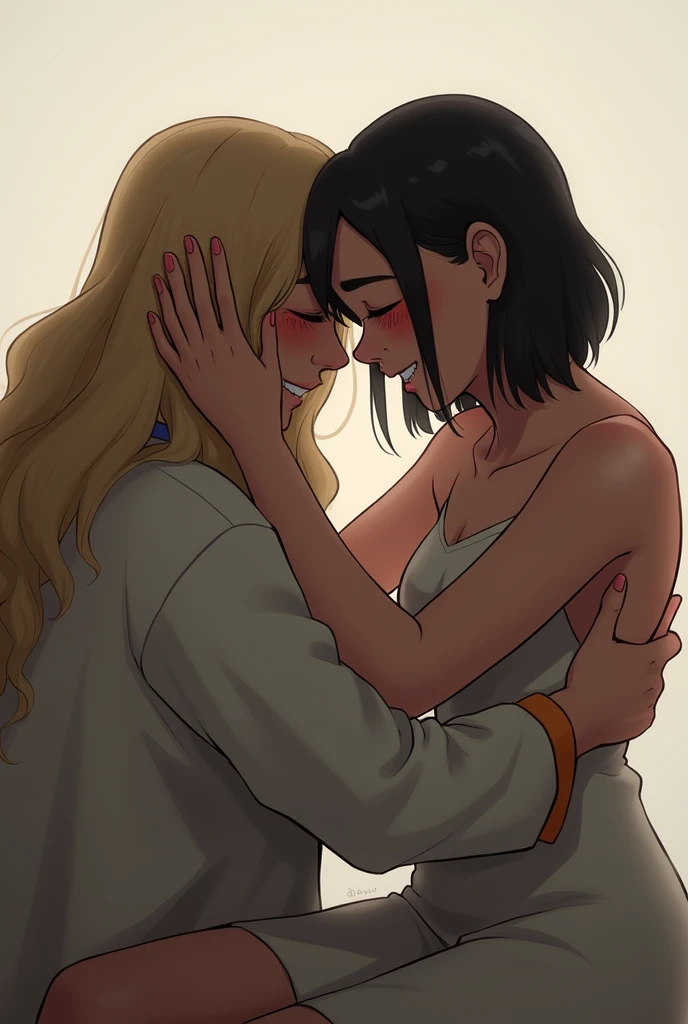 the person on the right hugs the person on the left and does not show her face after hugging then the person on the left smile while crying deeply
