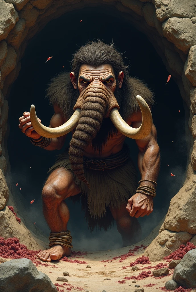 Caveman emerging from the bowels of a mammoth, tearing your skin