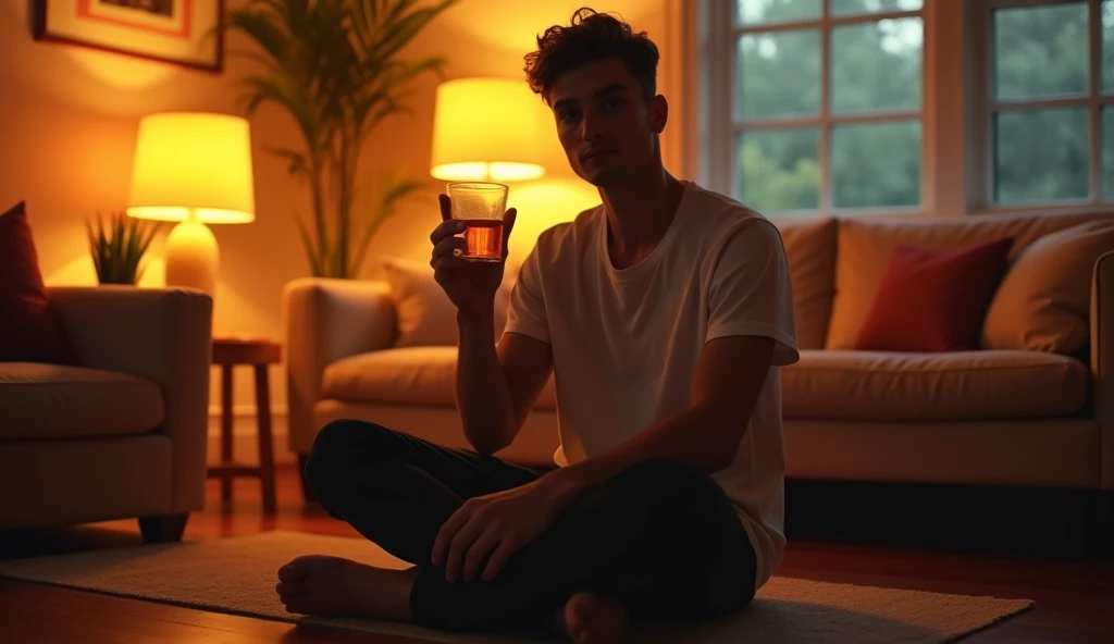 A highly realistic, high-contrast, 8K HD, detailed, hyper-detailed image of a single young man sitting on the floor in an American-style room, illuminated by warm, orange lighting. The room is cozy with modern furniture, and the atmosphere is relaxed as he sits comfortably on the floor, holding a drink in one hand, looking directly at the camera for a lip-sync video. His face is clearly visible with a neutral expression, and his hairstyle is distinct, making it easy to replicate in future scenes. The scene captures the intimate and focused setting of the man sitting confidently in the comfortable, inviting environment.
