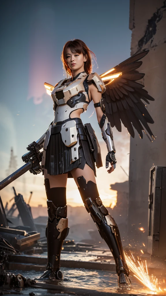 Mecha(dramatic, Grainy, intense:1.4),masterpiece, Highest quality, 32k Ultra HD, Insane Details, Intricate details, Super detailedな, super high quality, Attention to detail, Super detailed, masterpiece, Super View,
Epic CG masterpiece, Soryu Asuka Langley,High resolution,German Touring, Furuha, in the style of Mecha anime, like a god The dancing long knife charging forward Fightfield, Burst Meteor, the fierce Fight of fighting with his life, 8k, Super detailed graphic tension, Dynamic pose, Stunning colors, 3dレンダリング, surrealism, cinematic Lighting effects, realism, 00 Renderer, Ultra-realistic, whole body写真, Super View, Ultra Wide Angle, HD Factory, mechanical, Illumination, Light pollution, Cyberpunk 1 person, alone,(masterpiece), (Highest quality), Mecha,Fight, Shine, night,  science_fiction, signature,(Rusty armor:1.2)(At night:1.1),(white hair:1.1)(Optical wings unfold:1.5),
(Light Pollution, Laser sword in hand:1.2) (The body is slim, Long legs:1.1)Mecha musume, flight, floating, skinny, Thruster, heavy weapons, cannon,Realistic Light, High-Precision Shadows,Ray Tracing,8k,3d,Realistic style,Aggression, Dynamic Perspective,Extremely detailed, Very nice texture,white,Collapsed house,(More drones:1.1),Floating cannon,(Damage from war:1.1), Mechanical arms, headgear,
whole body,Realistic Skin, realistic Light and shadow, Exposed clavicle, Exposed shoulders{Very delicate and beautiful girl}(Combat Stance:1.3),(ruins Fightfield:1.5),Light,3d,Unreal 5(Mechanical parts emit Light:1.3)(Light pollution:1.3)Sweat(Long legs:1.3),( Very long hair:1.3),(Damaged clothing:1.3)Break,(I was injured:1.2),(There is a halo behind:1.1),Lens halo,(very long Mechanical skirt:1.8),(very long Mechanical cape:1.1),
To the audience,(Raise a weapon in your hand:1.1),(Messy Hair:1.2), (Attacking spectators with weapons:1.1)Person in black,( Wet Hair:1.4)(Black transparent pantyhose:1.1)(Light anger:1.1)(More halo:1.5)(Floating Cape and Skirt:1.1)(Wicked Smile:1.1), (Red ribbon),(There was blood on my face:0.8),
